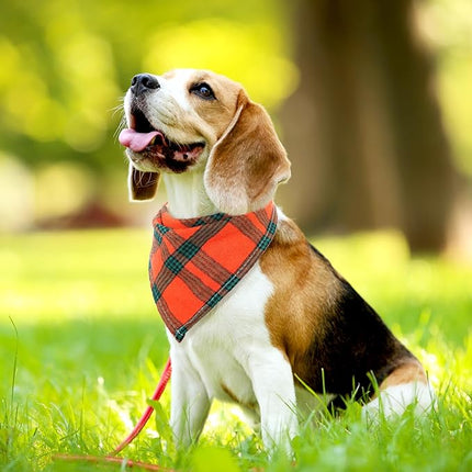 Honoson 6 Pieces Triangle Dog Bandana Dog Scarf Plaid Printing Adjustable Bibs Scarf Washable Square Kerchief Bandana Set for Small to Medium Puppy Cat(16.1 Inch,Green and Orange Button Style)