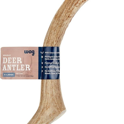 Amazon Brand - Wag Dog Deer Antler Chew, Naturally Shed, Whole, 9 - 10.5 inches, Long Lasting for Aggressive Chewers, X-Large, Best for Dogs over 45 lbs