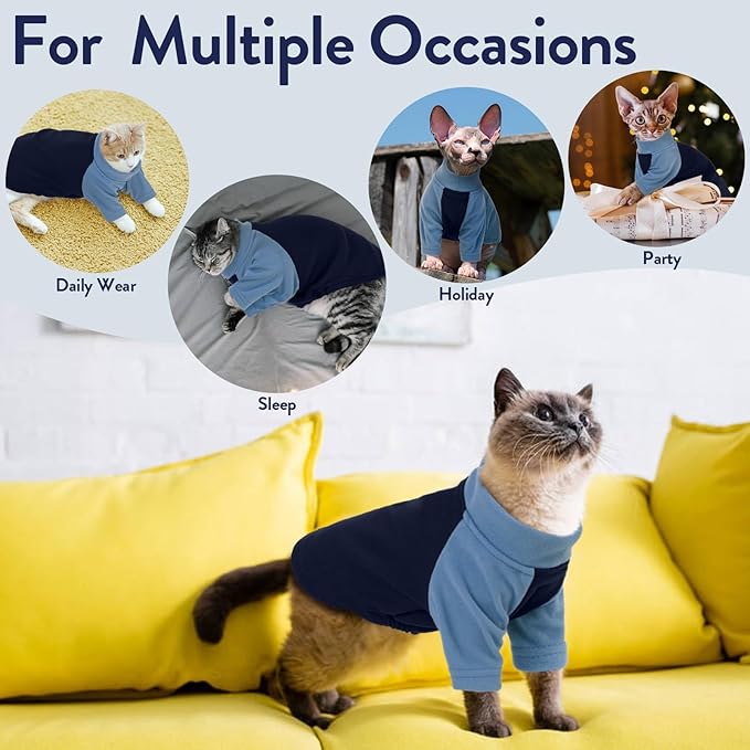T'CHAQUE Cat Pajamas - Soft Cat Clothes& Shirts & Pajamas with Sleeves, Stretchy Sweater, Pullover Kitten Clothes, Blue, Small