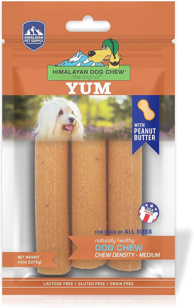 Himalayan Dog Chew Yak Cheese Dog Chews, Lactose Free & Grain Free, USA Made, For All Dog Breeds, Medium Density Cheese Chew, Resealable Pouch with 3 YUM Treats, Peanut Butter Flavor