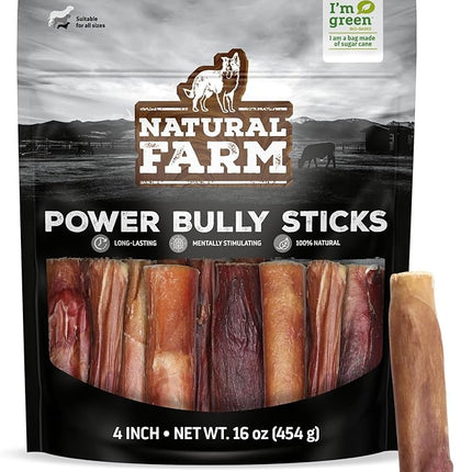 Natural Farm Power Bully Sticks Dog Chews (4”,16 Ounces), 2-in-1 Power Chews: Premium Beef Cheek Wrapped in Beef Pizzle, Double Chewing Time, Promotes Dental Health, Great for Small to Medium Dogs