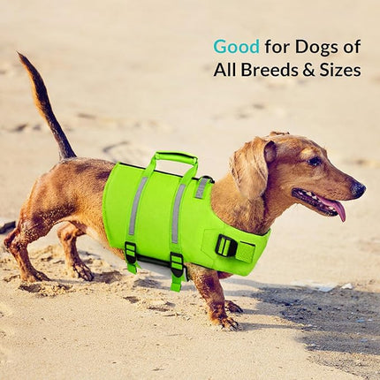 Queenmore Dog Swim Vest - Lightweight Adjustable Reflective Puppy Pet Float Life Preserver with Back Zip, Rescue Handle, Metal Hook (Green S)