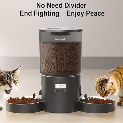 Automatic Cat Feeder for 2 Cats, 4.2L Dual Food Dispenser, Up to 6 Meals/Day, Portion Control, Voice Message, Dual Power Options (Transparent+Black, Dual Stainless Steel Bowls)