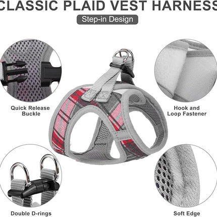 EXPAWLORER Classic Plaid Puppy Harness - Small Dog Harness and Leash Set - Dog Collar and Leash Set with AirTag Holder, Soft Padded Step in Dog Vest Harness No Pull Reflective for Outdoor, Grey M