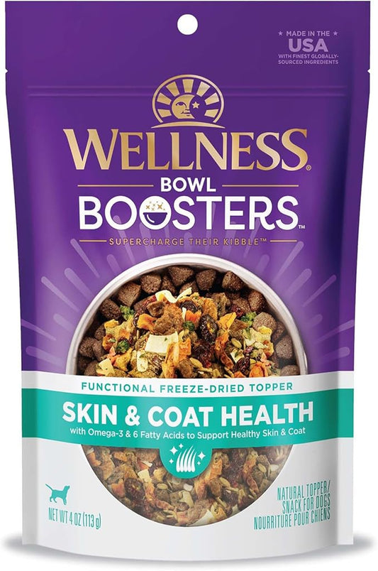 Wellness Bowl Boosters, Dog Food Topper for Small, Medium, & Large Breeds, Grain Free, Natural, Freeze Dried, Skin & Coat Health Chicken, 4 Ounce Bag (Pack of 1)
