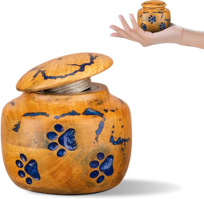 INTAJ Wooden Pet Urns for Dogs/Cats Ashes - Blue Resin Paws & Lichtenburg Design - Keepsake Cremation Urn Box, Pet Memorial Wooden Urns for Ashes, Small to Large Sizes (Odyssey, Small)