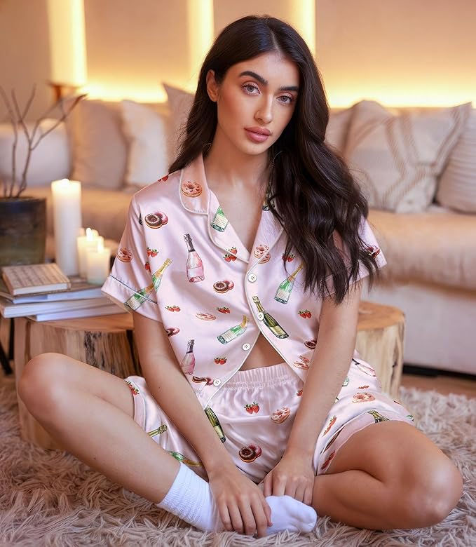Women’s Silk Satin Pajama Set, Short Sleeve Button Down 2 Piece PJs with Shorts, Cozy Loungewear & Matching Holiday Pajamas