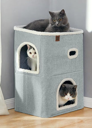 CATBOAT 2-Storey Cat House for Indoor Cats Bed, Covered Beds & Furniture with Scratch Pad and Hideaway Cave, Cute Modern Condo for Multi Small Pet Large Kitten Kitty, Light Grey
