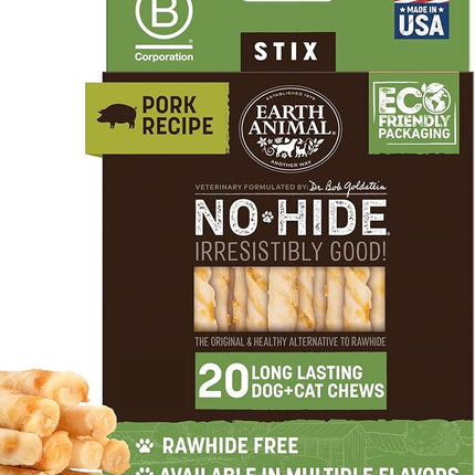 Earth Animal No Hide Stix - Long Lasting Rawhide Free Small Dog Chews Sticks, Pork - 20 Count Value Pack