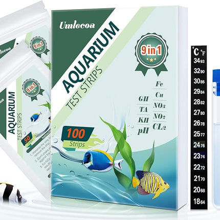 9 in 1 Aquarium Test Kit for Freshwater and Saltwater - 100 Aquarium Test Strips with Test Tube & Thermometer - Fast & Accurate Water Testing Strips for Aquarium/Pond/Pool