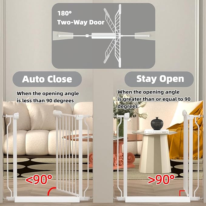 57.5"-62" Extra Wide Auto Closing Baby Safety Gate for Stairs & Doorways, Pressure Mounted No Drill Pet Gate with Walk-Through Door - Heavy Duty Childproof Gate for Toddlers, Kids, Dogs (White)