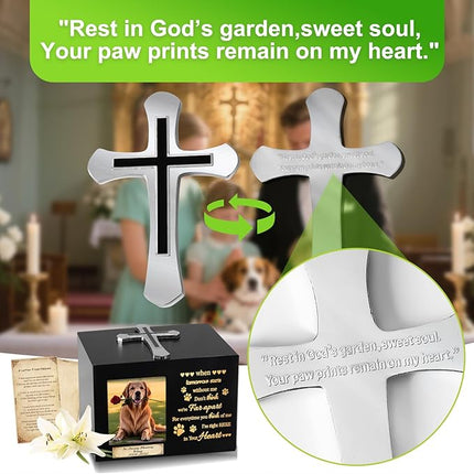 Handmade Pet Urns for Dog or Cat,Wooden Waterproof Memorial Pet Keepsakes Urns,Pet Ashes Box with Photo Frame,Decorative Cross, Honoring Your Beloved Pets,Pet Sympathy Remembrance Gift