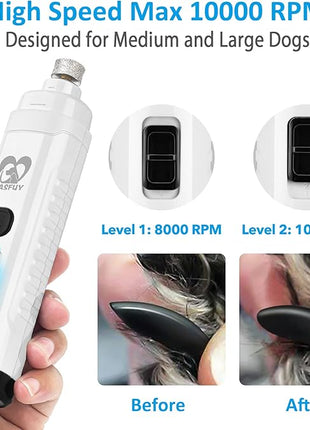 Casfuy Dog Nail Grinder with 2 LED Light for Large Medium Small Dogs - 3X More Powerful 2-Speed Electric Pet Nail Trimmer Rechargeable Quiet Painless Paws Grooming & Smoothing Tool (White)