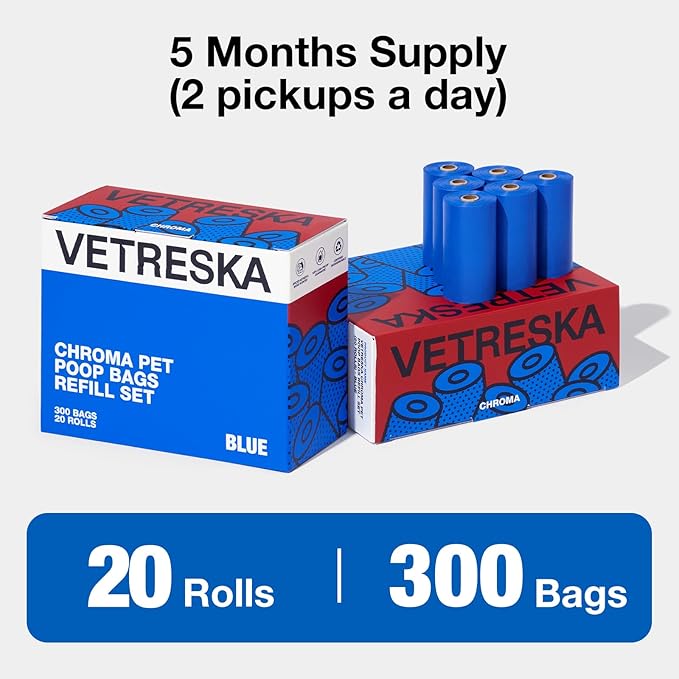 VETRESKA Dog Poop Bags, Leak Proof, Extra Thick and Large Pet Waste Bags for Dog Walking and Cat Litter, Spiced Vetiver & Moss Scented, 20 Refill Rolls, 300 Bags, Blue