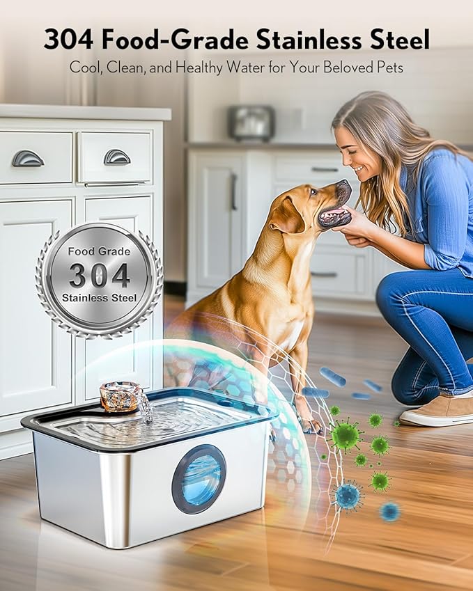 Large Dog Water Fountain Stainless Steel, 12L Pet Drinking Dispenser with Visual Window, Extra Big Cat Fountains Bowl with Filters, Widely Drinking Area,Ultra-Quiet Pump