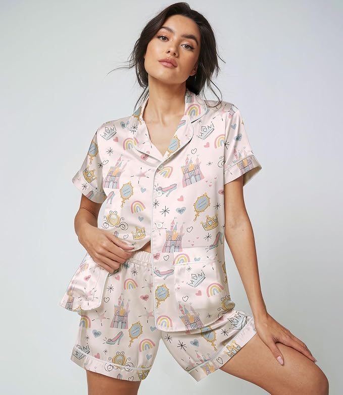 Women’s Silk Satin Pajama Set, Short Sleeve Button Down 2 Piece PJs with Shorts, Cozy Loungewear & Matching Holiday Pajamas