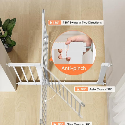 COMOMY 30" Tall Baby Gate for Stairs Doorways, Fits Openings 29.5" to 51.6" Wide, Auto Close Extra Wide Dog Gate for House, Pressure Mounted Easy Walk Through Pet Gate with Door, White