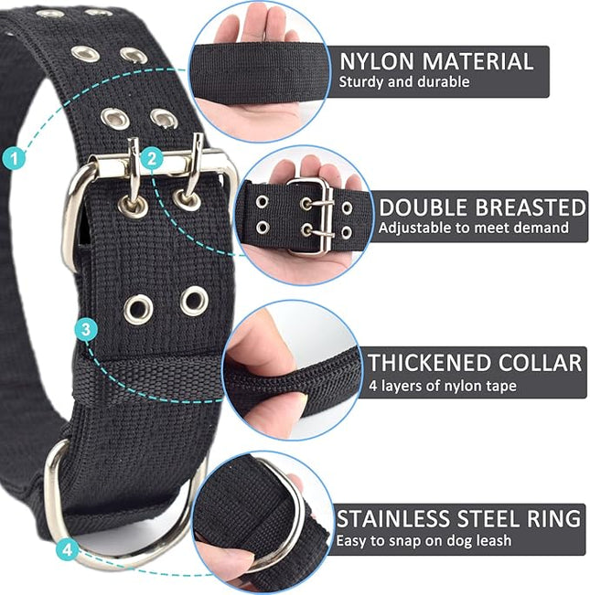 Buckle Dog Collar, 2 Wide Adjustable Nylon Military Tactical Dog Collars, 2-Rows D Ring Heavy Duty Dog Collar