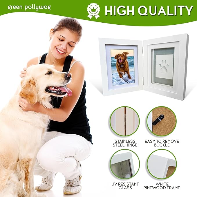 Green Pollywog | Paw Print Pet Keepsake Hinge Photo Frame + Clay Print Kit | Tabletop Photo Frame + Extra-Large Air-Dry Clay Imprint Kit | 4” x 6” Picture Openings