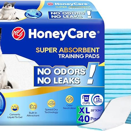 HONEY CARE All-Absorb, X-Large 28" x 34", 40 Count, Dog and Puppy Training Pads, Ultra Absorbent and Odor Eliminating, Leak-Proof 5-Layer Potty Training Pads with Quick-Dry Surface, Blue