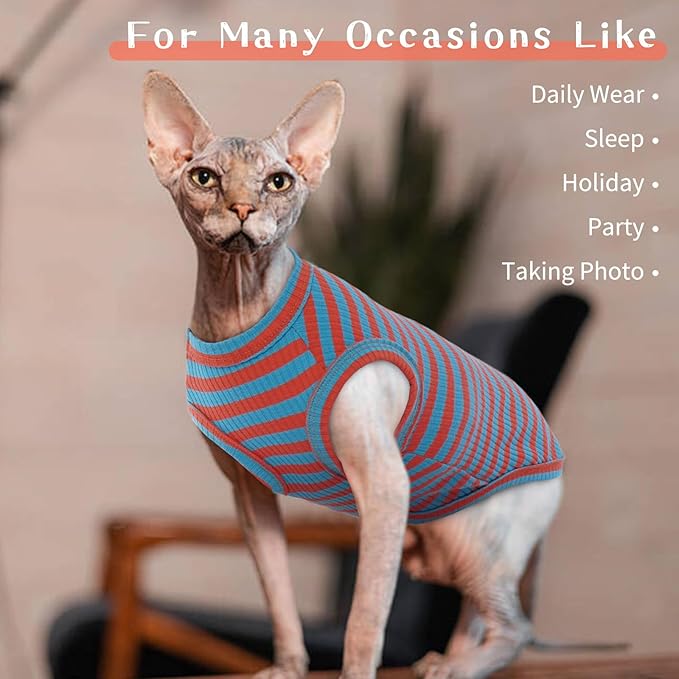 BRKURLEG Hairless Cats T Shirt, Cat Sweaters, Pullover Kitten Shirts, Sleeveless Round Collar Cotton Vest for Cornish Rex Devon Rex Peterbald and Small Dogs Sweater(OrangeBlue Stripes, L)