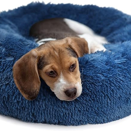 Calming Dog Bed for Medium Dogs Washable Donut 30 inches Anti-Slip Pet Bed,Round Fluffy Plush Faux Fur Cat Bed,Fits up to 45 lbs Pets,Navy Blue