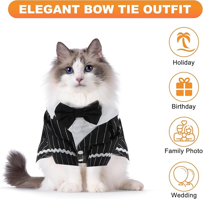 Cat Apparel, Stylish Tuxedo Outfit for Kitty with Tie, Black Stripes Pet Outfits for Wedding, Birthday, Party, Large