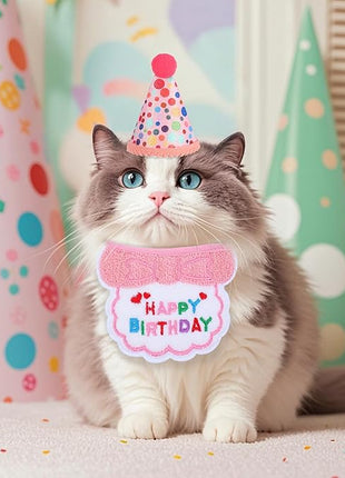 Cat Birthday Party Supplies Adjustable Pink Cat Birthday Hat with Number and Kitten Bandana Outfits Set for Girl Cats Party Decorations for 0-9 Years Cats