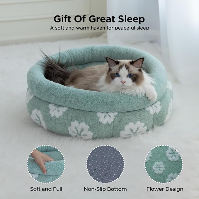 BALANCE Cat Beds for Indoor Cats, Washable Round Cat Bed, Cute 3D Flower Kitten Bed with Anti-Slip Bottom for Puppy and Kitten, 20 Inches, Green