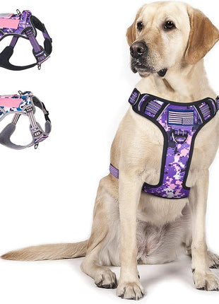 BUMBIN Tactical Dog Harness for Large Dogs No Pull, Famous TIK Tok No Pull Dog Harness, Fit Smart Reflective Pet Walking Harness for Training, Adjustable Dog Vest Harness with Handle Purple Camo L