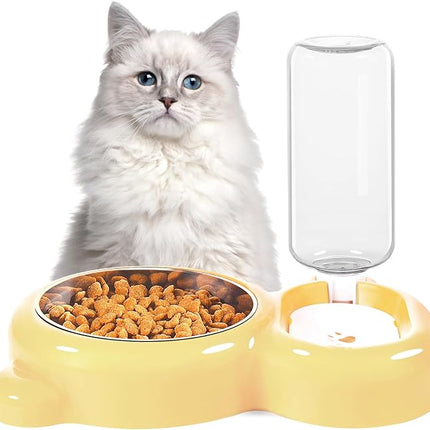Dog Bowls, Cat Food and Water Bowl Set with Water Dispenser and Stainless Steel Bowl for Cats and Small Dogs - Yellow