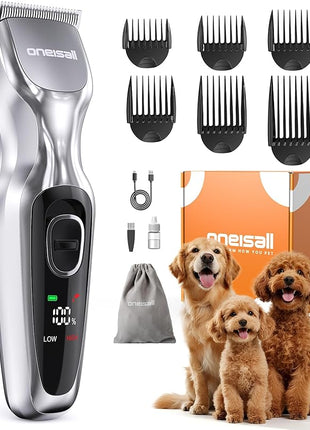 oneisall Dog Clippers for Grooming Thick Hair, Low Noise Cordless Dog Shavers, 2-Speed Pet Hair Trimmer Grooming Kit for Home Groomer