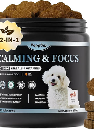 Calming Chews for Dogs – 12-in-1 Dog Calming Treats with Herbal & Vitamins, Relaxation, Focus & Behavior Support for Anxiety, Separation, Barking, Travel, Stress, Upgraded Bacon Flavor, 90 Ct