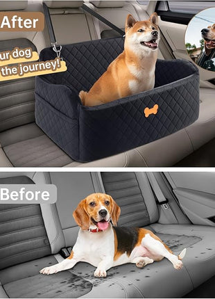 Car Seat for Large Size Dog, Booster Seat for Dogs Under 55 lbs or 2 Small Dogs, Soft Car Dog Bed Filling in Thick Memory Foam with 2 Safety Leashes and Storage Pocket (Black)