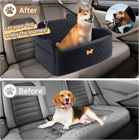 Car Seat for Large Size Dog, Booster Seat for Dogs Under 55 lbs or 2 Small Dogs, Soft Car Dog Bed Filling in Thick Memory Foam with 2 Safety Leashes and Storage Pocket (Black)