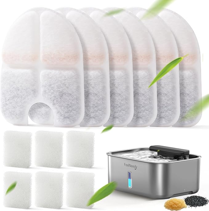 6 Packs Dog Water Fountain Filters & 6 Packs Pump Filters Sponges Replacement, Pet Water Fountain Filter for 3Gal/12L Dog Water Dispenser (FN-W13)
