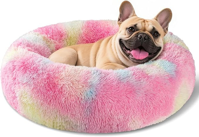 Dog Calming Beds for Small Medium Large Dogs - Round Donut Washable Puppy Dog Bed, Anti-Slip Faux Fur Fluffy Donut Cuddle Anxiety Cat Pet Bed(20'' Color)