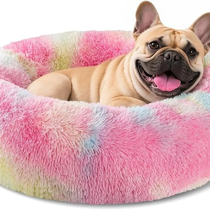Dog Calming Beds for Small Medium Large Dogs - Round Donut Washable Puppy Dog Bed, Anti-Slip Faux Fur Fluffy Donut Cuddle Anxiety Cat Pet Bed(24'' Color)