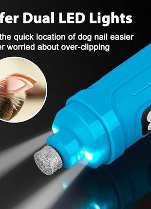 Casfuy Dog Nail Grinder with 2 LED Light - New Version 2-Speed Powerful Electric Pet Nail Trimmer Professional Quiet Painless Paws Grooming & Smoothing for Small Medium Large Dogs(Bright Blue)
