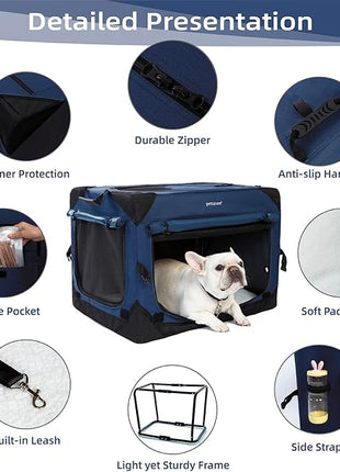 Pettycare 42 Inch Collapsible Dog Crate with Curtains Travel Dog Crate for Airflow and Calm Soft Pet Kennel with Portable Bag and More Chew Proof Mesh Indoor & Outdoor Navy Blue 4 Door Curtains