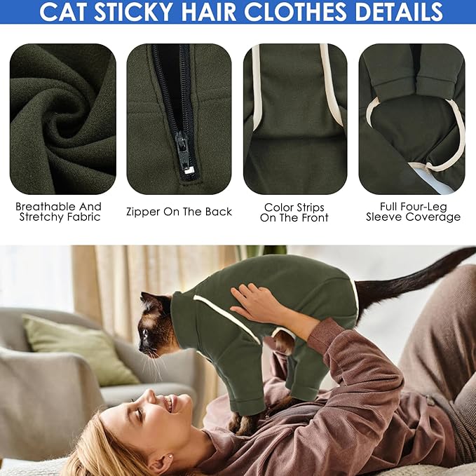 Cat Hair Sticky Onesie - Army Green, XL - Cat Clothes: Male Pajamas, Anti-Licking Suit