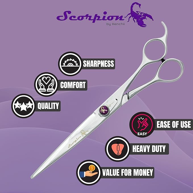 Kenchii Scorpion 8 Inch, Straight Grooming Scissors for Dogs and Pets - Premium Steel Scissors for Dog Grooming - Dog Shears Pet Grooming Accessories - Pet Hair Trimming Scissor