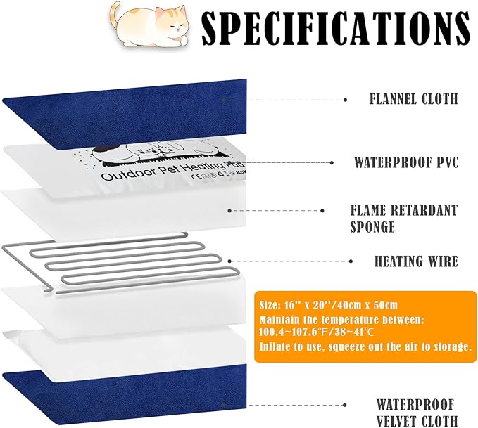 Kiroto Outdoor Pet Heating Pad for Cat Dog, Heated Mat with Waterproof Cover and Automatic Temperature Control, Suitable for Cat Houses, Dog Houses, Small Beds, Porches,20"x16",Blue