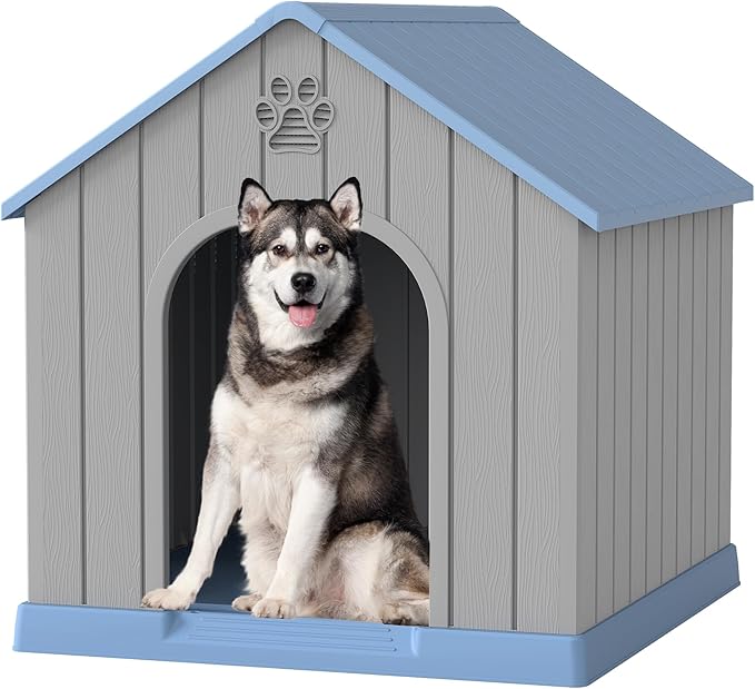 Large Dog House Outdoor Indoor for Medium Large Dogs, Durable Plastic Waterproof Doghouse with Air Vents and Elevated Floor, Easy Clean and Assemble (Classic Blue, 36.2''L×38''W×38''H)