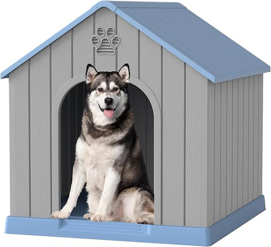 Large Dog House Outdoor Indoor for Medium Large Dogs, Durable Plastic Waterproof Doghouse with Air Vents and Elevated Floor, Easy Clean and Assemble (Classic Blue, 36.2''L×38''W×38''H)