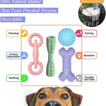 4 Pack Puppy Toys for 2-8 Months Pets Dog Chew Toy for Small Puppies Teething Toys for Cleaning Teeth Food Dispensing Soft Durable Rubber Bone Funny Ball Interactive Donut Treat Dumbbell (Mix Color)