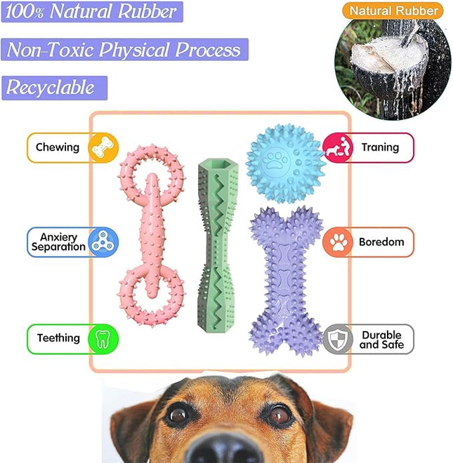 4 Pack Puppy Toys for 2-8 Months Pets Dog Chew Toy for Small Puppies Teething Toys for Cleaning Teeth Food Dispensing Soft Durable Rubber Bone Funny Ball Interactive Donut Treat Dumbbell (Mix Color)