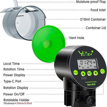 Ycozy Automatic Fish Feeder Rechargeable with Type-C Cable Fish Feeder Automatic Dispenser for Vacation Small Tank/Betta/Turtle Upgraded Moisture-Proof Container