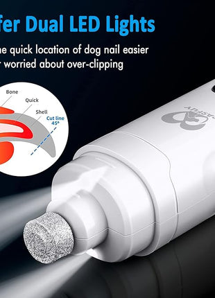 Casfuy Dog Nail Grinder with 2 LED Light for Large Medium Small Dogs - 3X More Powerful 2-Speed Electric Pet Nail Trimmer Rechargeable Quiet Painless Paws Grooming & Smoothing Tool (White)
