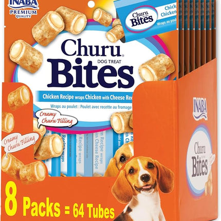 INABA Churu Bites for Dogs, Soft & Chewy Dog Treats with Vitamin E, 0.42 Ounces Each Tube, 64 Tubes Total (8 Tubes per Pack), Chicken with Cheese Recipe